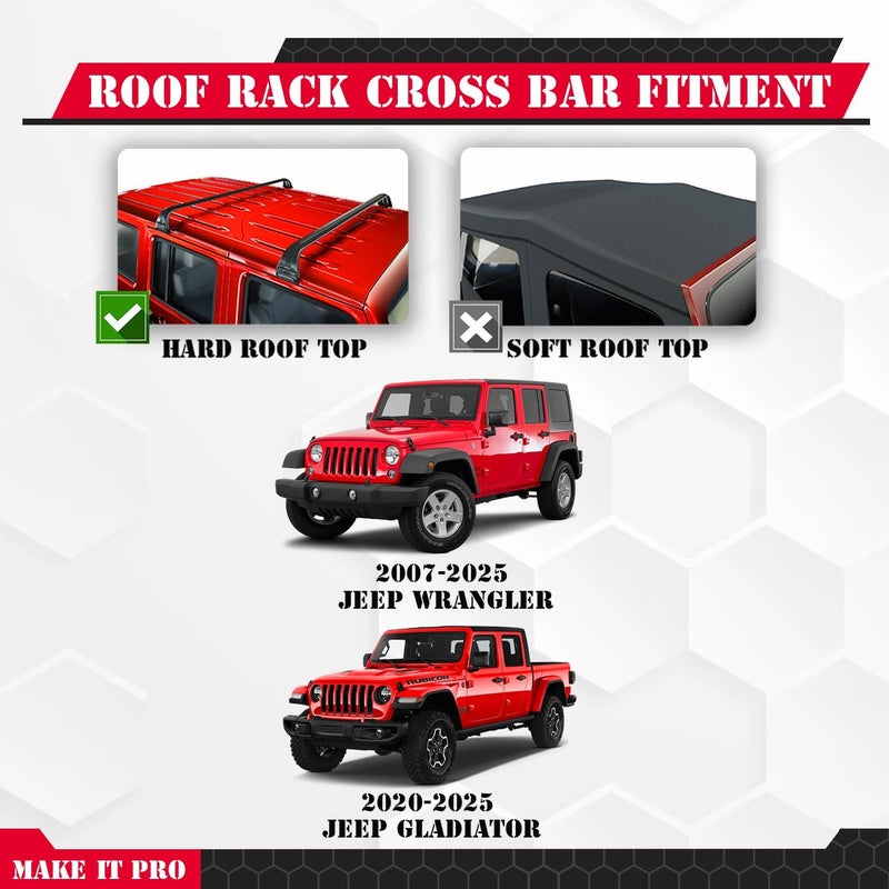 KitsPro 260lb Roof Rack Cross Bars for 2007-2025 Jeep Wrangler, 2020-2025 Jeep Gladiator, Matte Black Heavy Duty Aluminum Cargo Crossbar (ONLY FIT Hard Roof Top) - Image 2